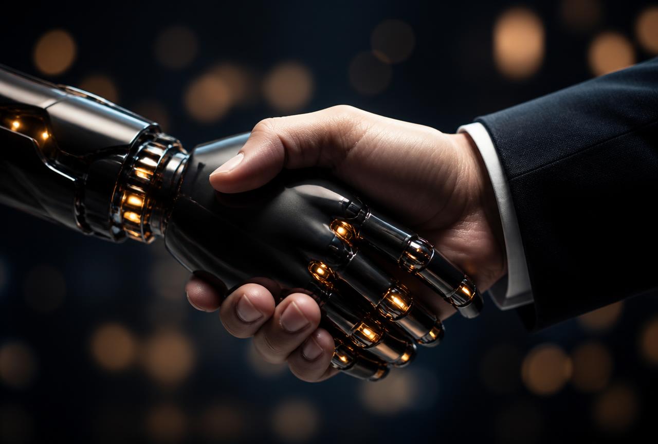 A human hand and a robotic hand shaking, representing Reverto's managed AI and human conversion team
